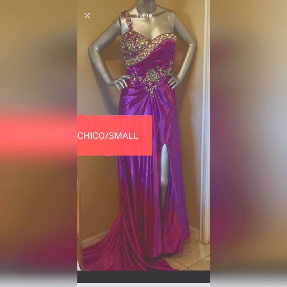 Purple One-Shoulder Gown with Gold Embellishments/